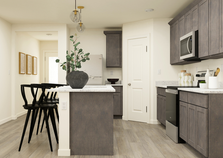 Rendering of a kitchen with grey  cabinetry and stainless steel appliances. There are also barstools at the  counter.