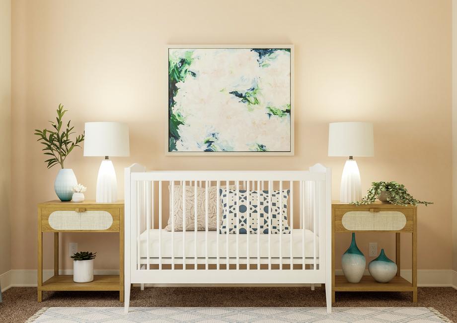 Rendering of a fourth bedroom converted
  into a nursery showing a white crib with matching nightstands with beige
  carpet flooring throughout.