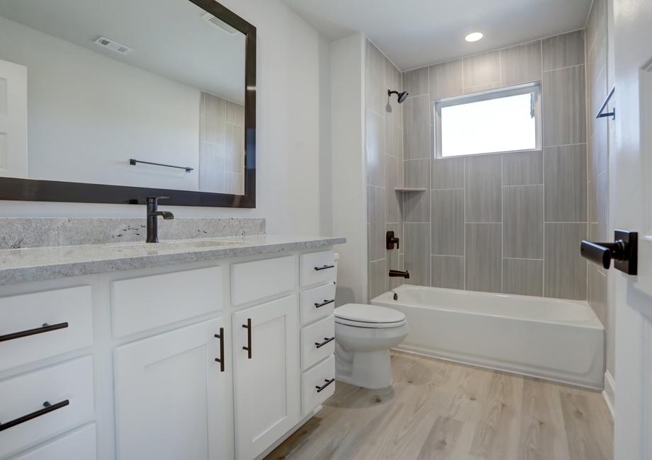 Guest bathroom with a large vanity and dual shower and tub.