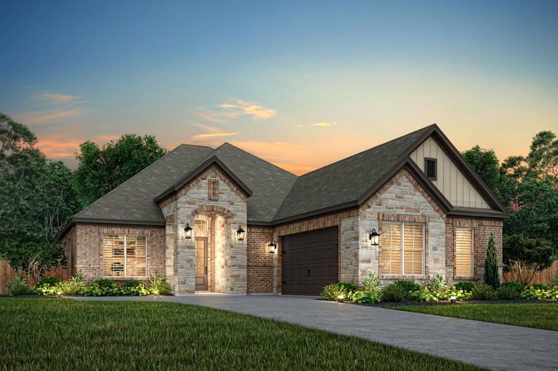 Dusk rendering of the Hanna plan with a swing-load garage.