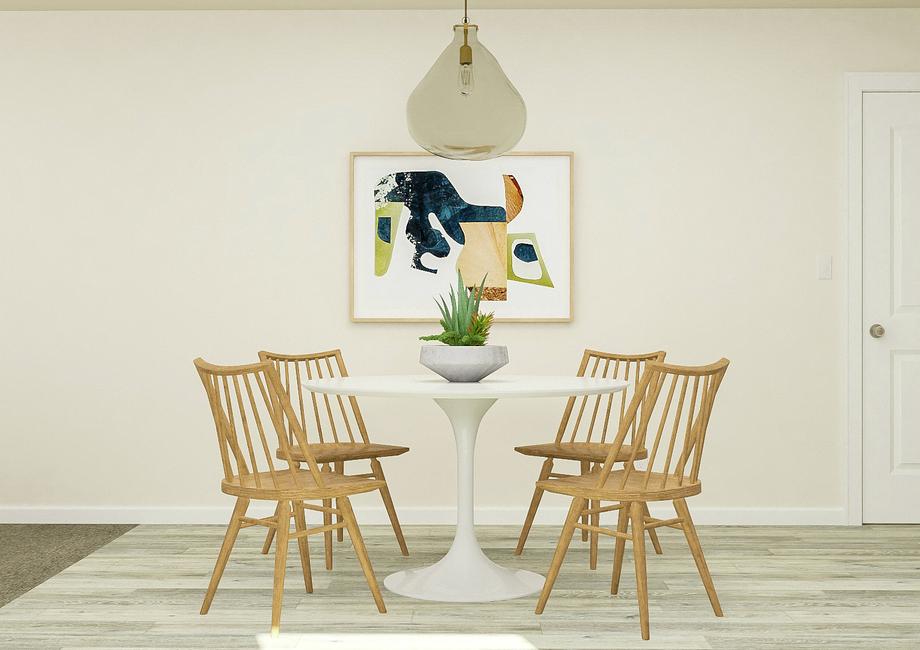 Rendering of the dining room with a round
  table with four chairs, a decorative light and abstract artwork. '