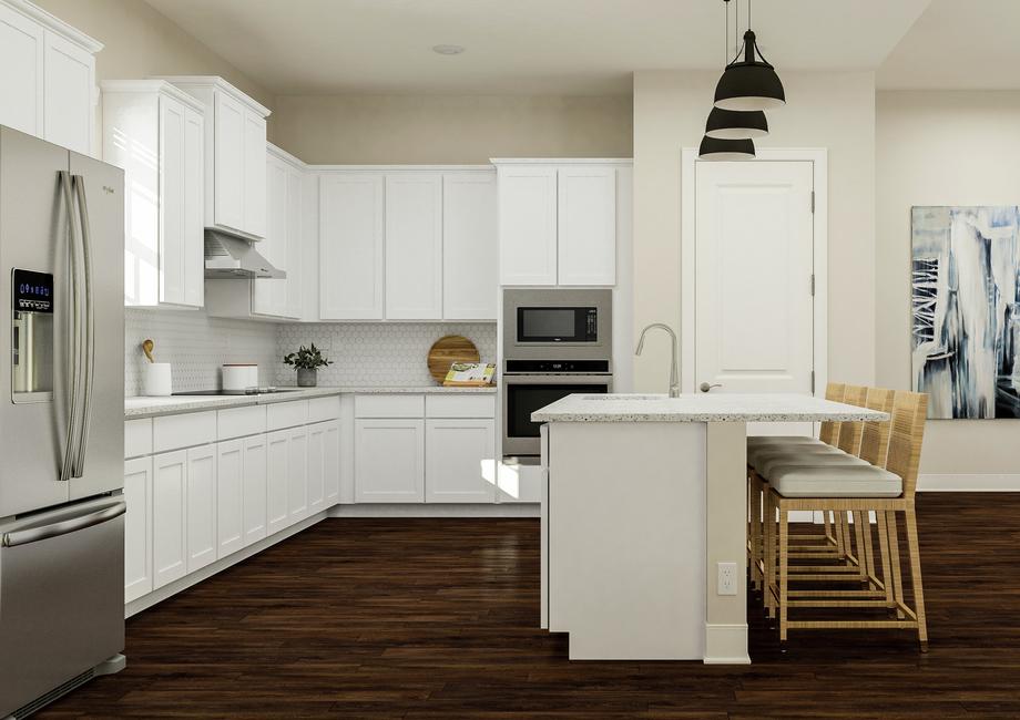 Rendering of spacious kitchen showing  white cabinetry, luxury tiled backsplash, a large island, and stainless steel  appliances with dark wood look flooring throughout.
