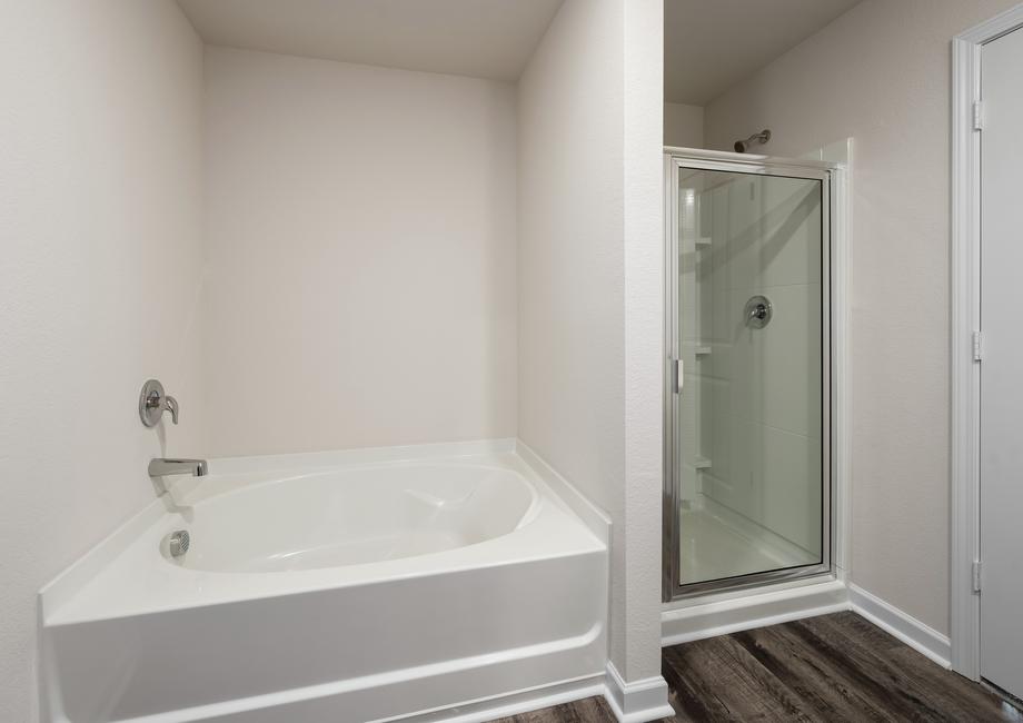 The master suite includes a bath tub and walk-in shower