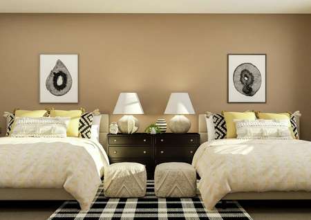 Rendering of bedroom with two
  large beds and a side table. This room also has a rug and two poufs.