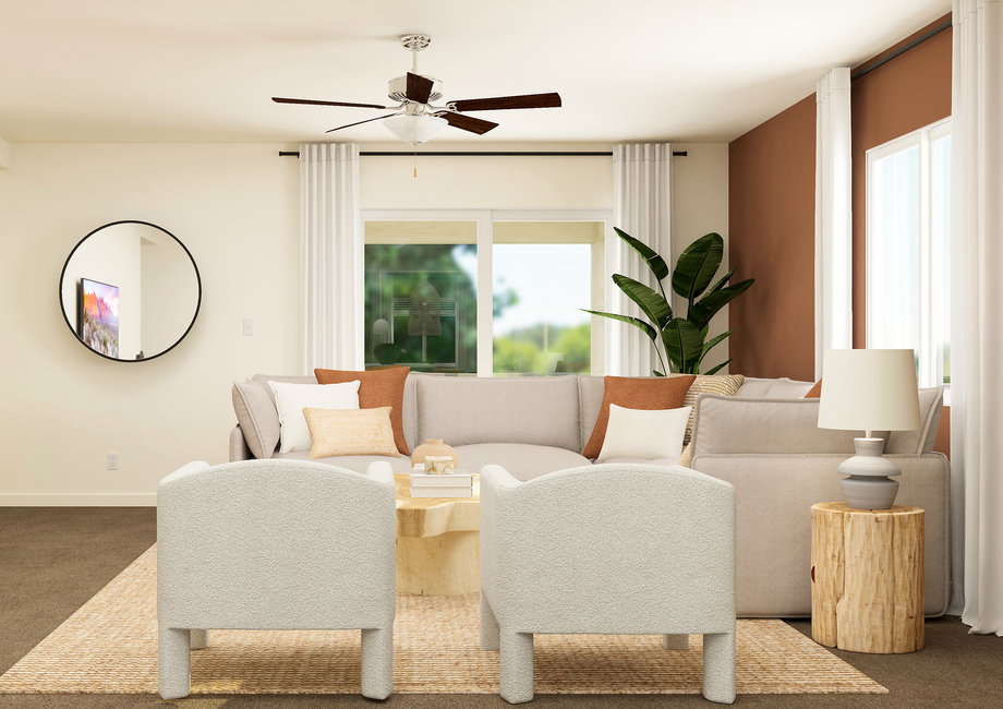 Rendering of a living room furnished with  a large white sectional couch and two white chairs.