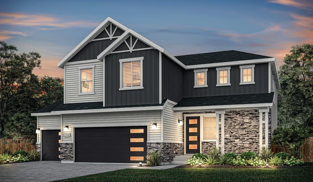 Exterior rendering of the gorgeous two-story Glenwood floor plan during dusk.