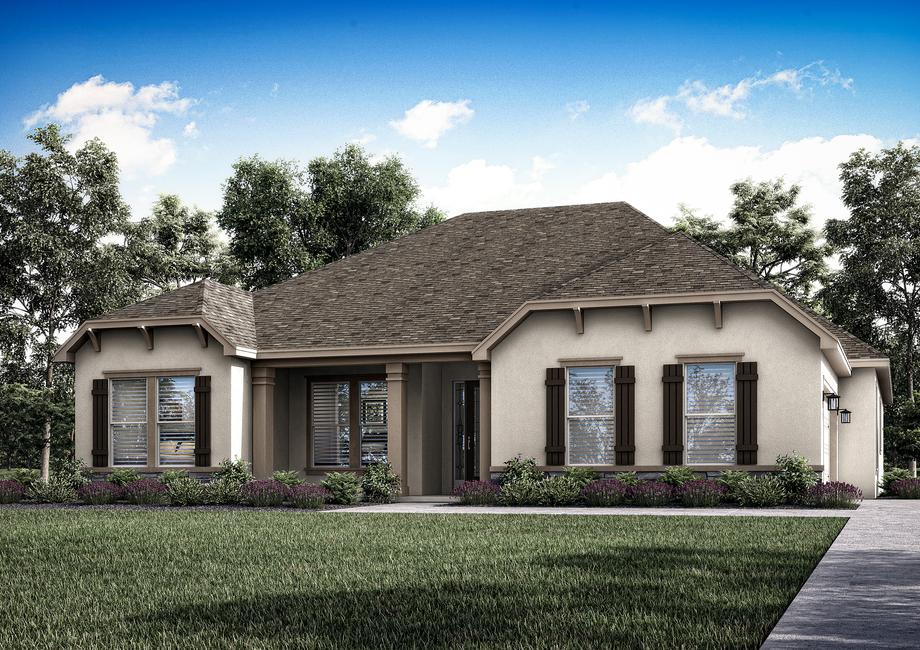 Single-story Albany elevation rendering with stucco and stone accents.