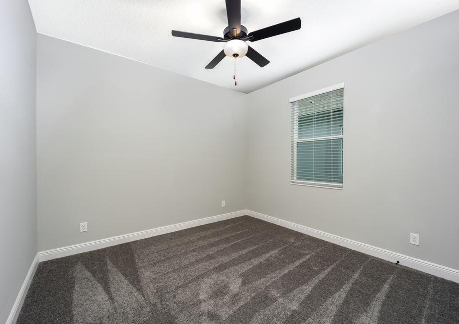 A large bedroom with a ceiling fan fixture