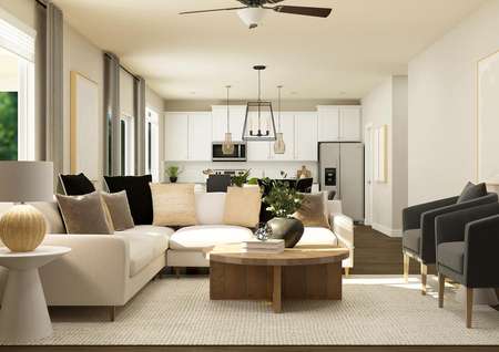 Rendering of living room furnished with a
  white sectional and two side chairs. The Dining and living room and be seen
  from behind the couch.