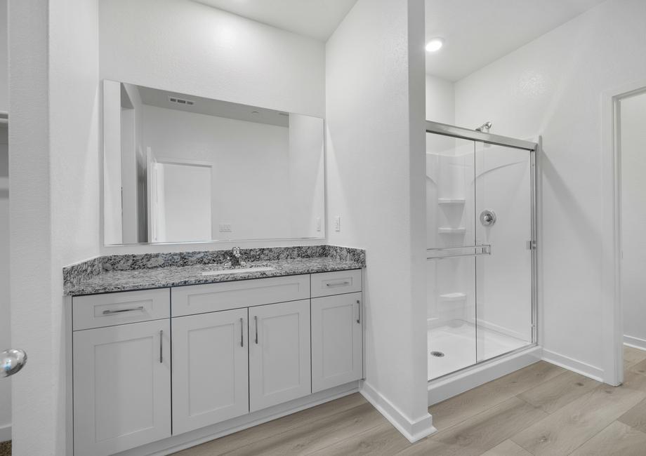 The master bathroom has a large vanity and a step in shower.