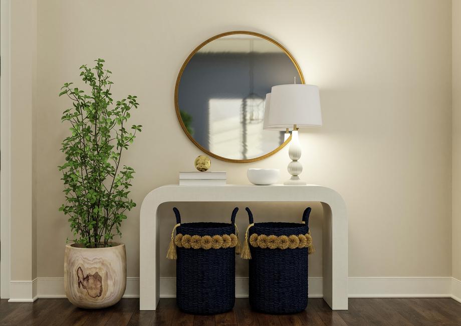 Rendering of an entryway showing a white
  entry table and dÃ©cor along a beige wall with dark wood look flooring
  throughout.