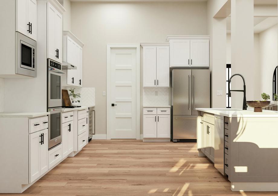 Rendering of the Garza's kitchen
  featuring white cabinets, quartz countertops, stainless steel KitchenAid
  appliances and wine fridge with light wood flooring throughout.
