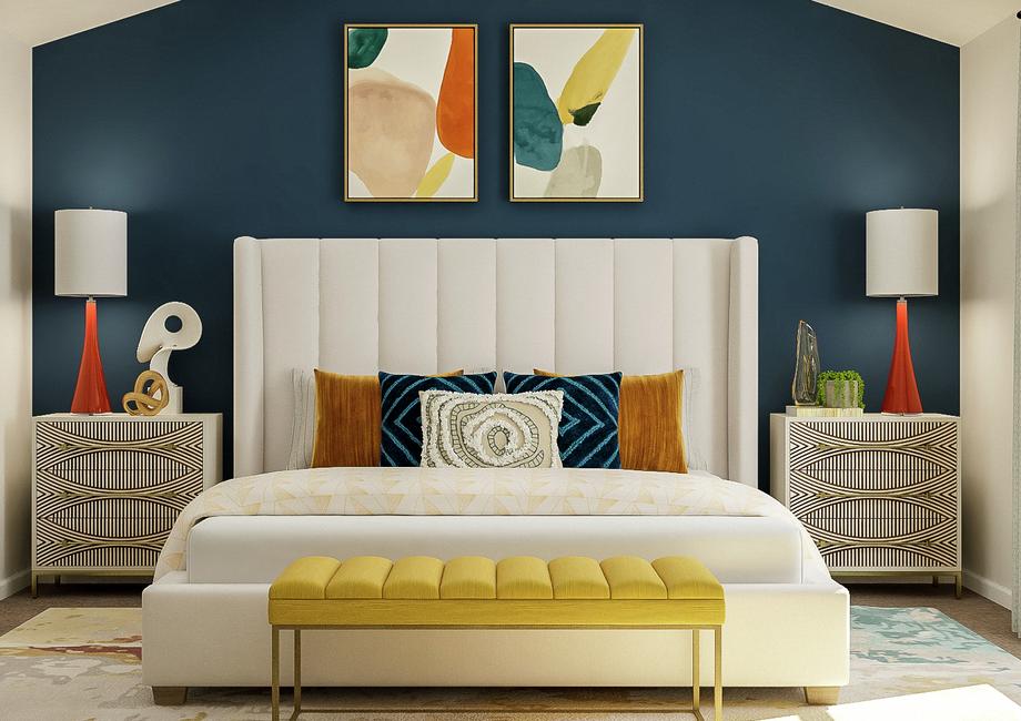 Rendering of the master suite focused on
  the large bed positioned between two nightstands. Colorful, abstract artwork
  hangs above the bed.
