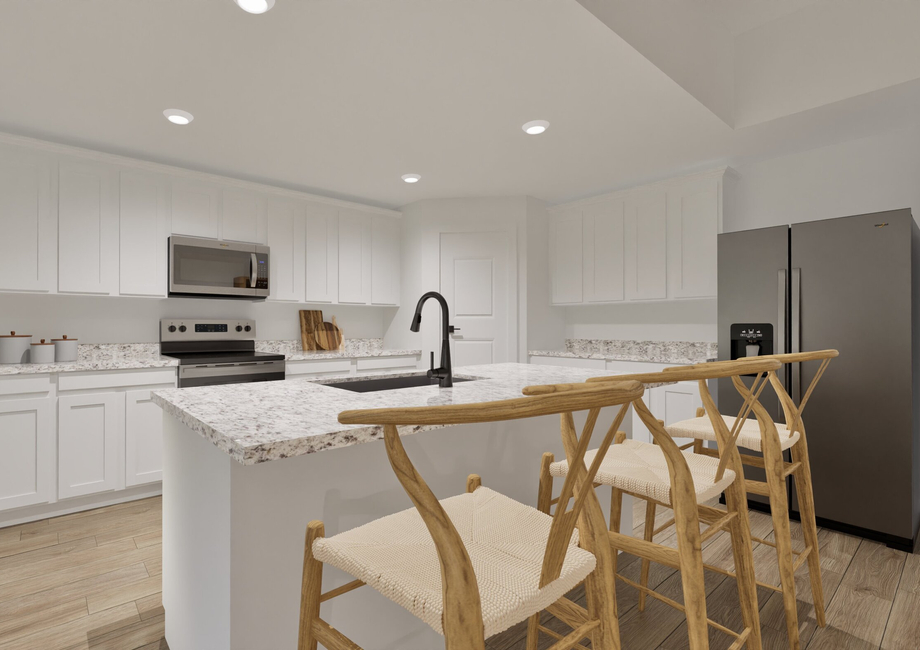 Modern kitchen with white cabinets, granite countertops, and stainless steel appliances, including a fridge and oven. Three wooden bar stools beside the island add warmth to the space.