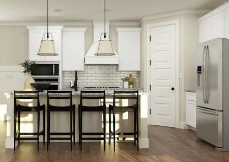 Rendering of kitchen with four dark
  stools at the counter and white cabinetry