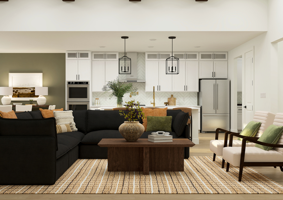 The open living spaces on the main floor connect the kitchen, living room and dining room. 