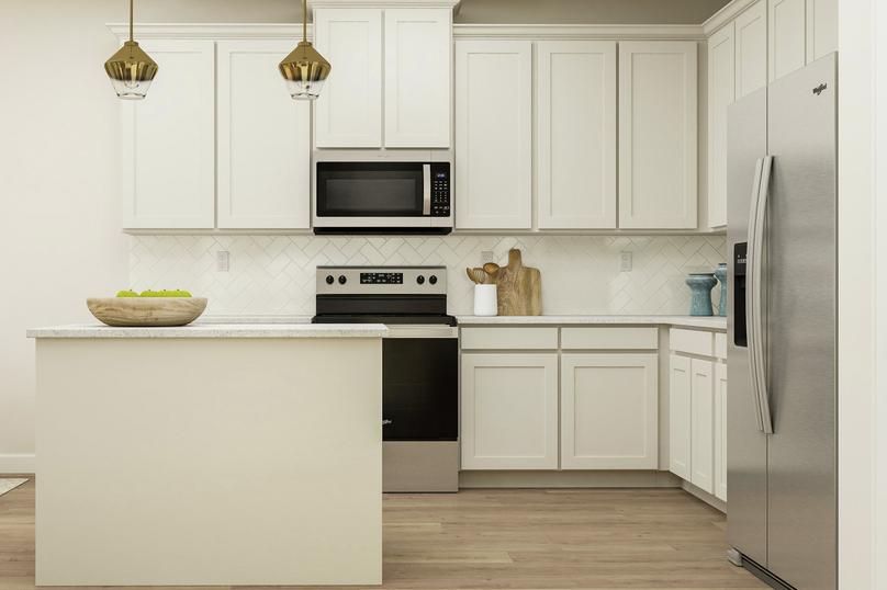 Rendering of the incredible kitchen in
  the Sequoia floor plan. The space has an island, white cabinetry, wood-look
  flooring, herringbone tile backsplash, granite counters and Whirlpool brand
  appliances.