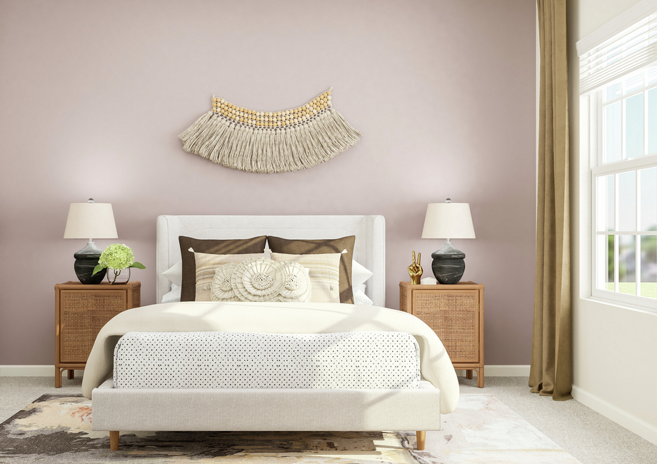Rendering of a secondary bedroom  featuring a large bed and two nightstands along a purple accent wall. Large  windows are on the right and carpet flooring is throughout.