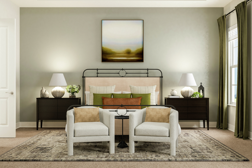 Rendering of spacious master bedroom
  showing large framed bed with matching nightstands and 2 accent chairs,
  sitting between large windows with beige carpet flooring throughout.