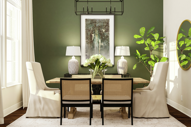 Rendering of dining room showing a wood
  dining table and chairs along a green accent wall under a black light fixture
  with dark wood look flooring throughout.