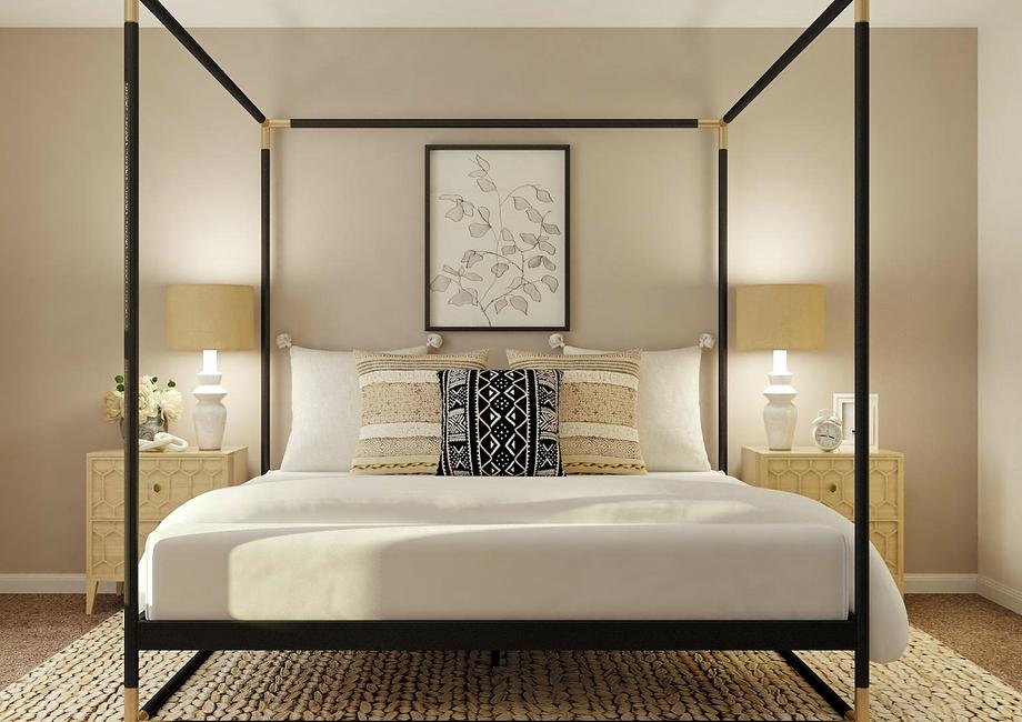 Rendering of the spacious master bedroom
  with window on the left, and a large poster bed with nightstands.