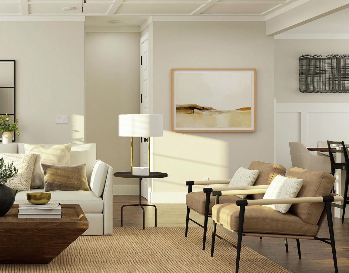 Rendering of living room with a large
  white sectional and two side chairs