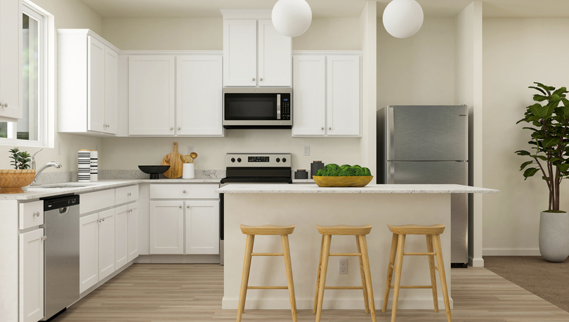 Rendering of a
  kitchen with white cabinetry and stainless-steel appliances. There are three
  wooden barstools at the counter.