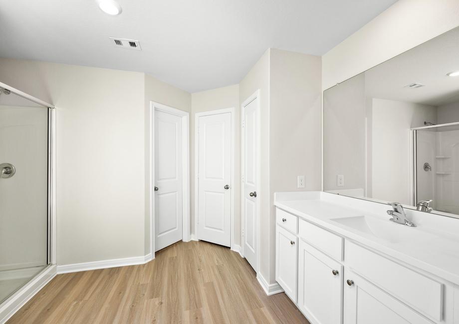 The master bathroom has a large vanity and step in shower!