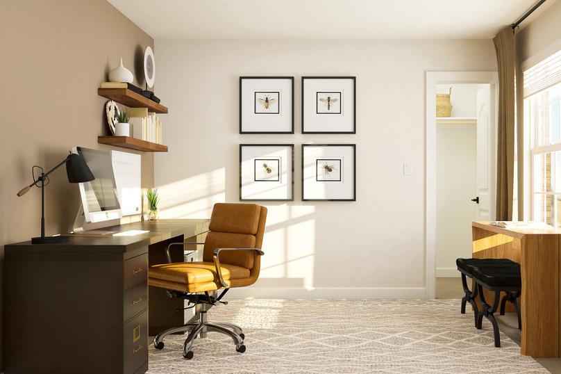 Rendering of a bedroom used as an office
  with a large desk and floating shelves on one wall and a smaller table with
  bench against the window on the other wall.