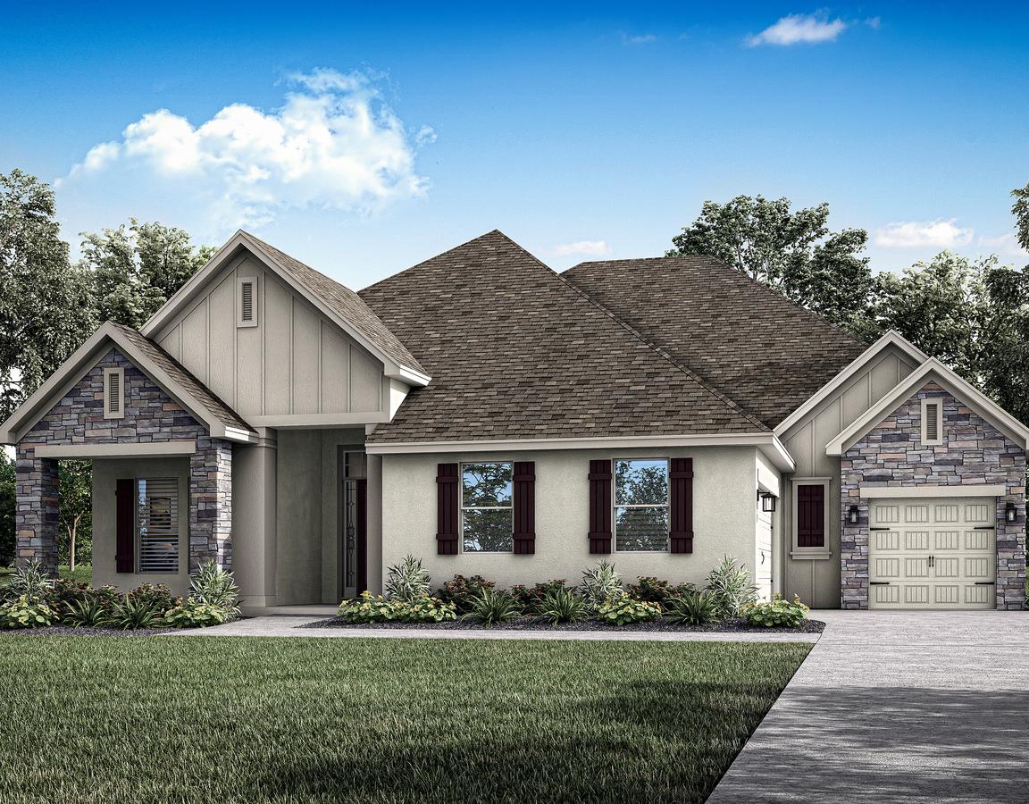 Single-story Waycross elevation rendering with stucco and stone accents.