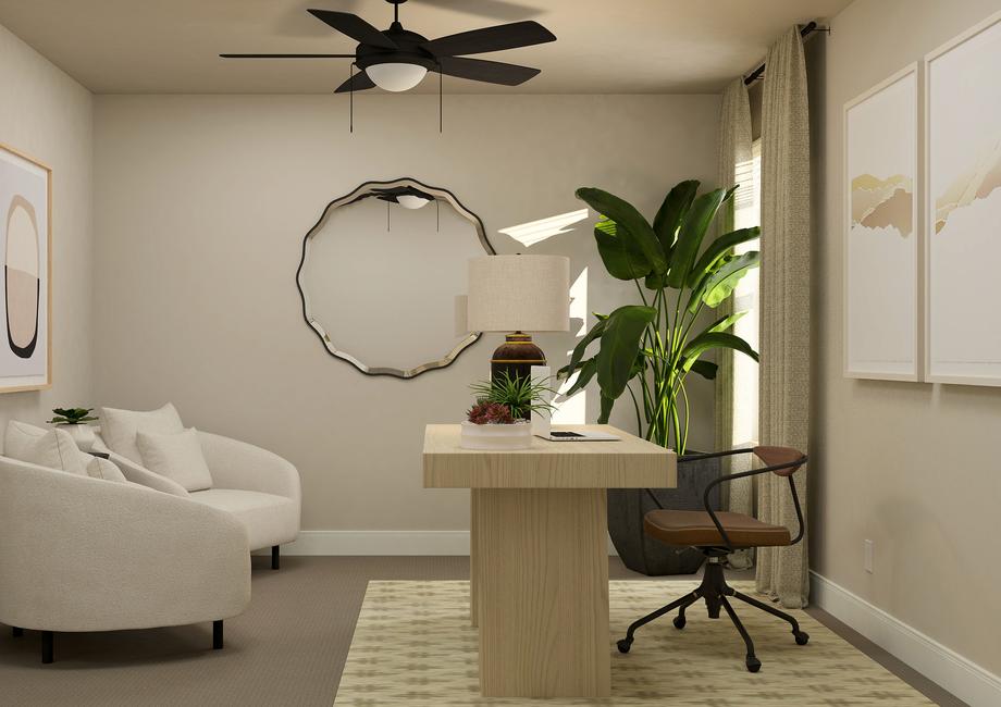 Rendering of a bedroom furnished as an office with a desk, computer chair, two accent chairs, a potted tree and rug.