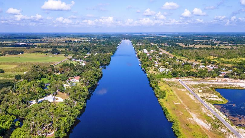 Drone shot of Liberty Shores and adjacent river