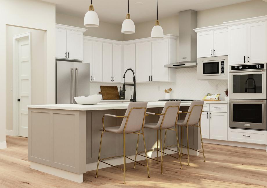 Rendering of the Timberline plan's
  kitchen centered on the large island with three tall stools and pendant
  lights. There are stainless steel appliances and quartz countertops and light
  wood floors throughout.