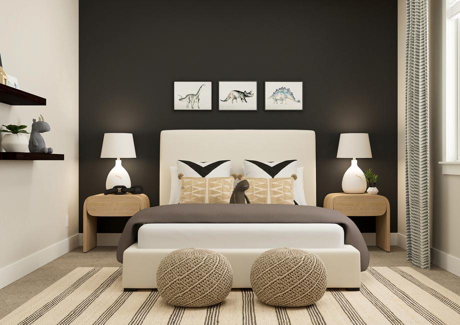 Rendering of a bedroom furnished with a
  large white bed and two side tables.Â 
  This room also has decorative shelving on the wall and two poufs.