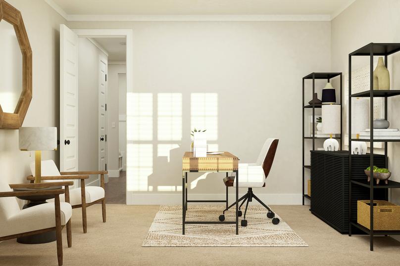 Rendering of office furnished with a
  large dest and two chairs