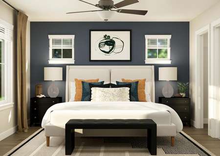 Rendering of bedroom with a white bed in
  between two side tables. There is also a bench at the end of the bed.