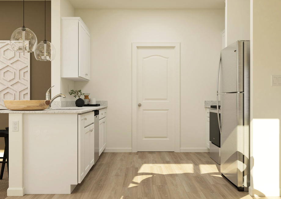 Rendering of a
  kitchen with white cabinetry and stainless-steel appliances.Â 