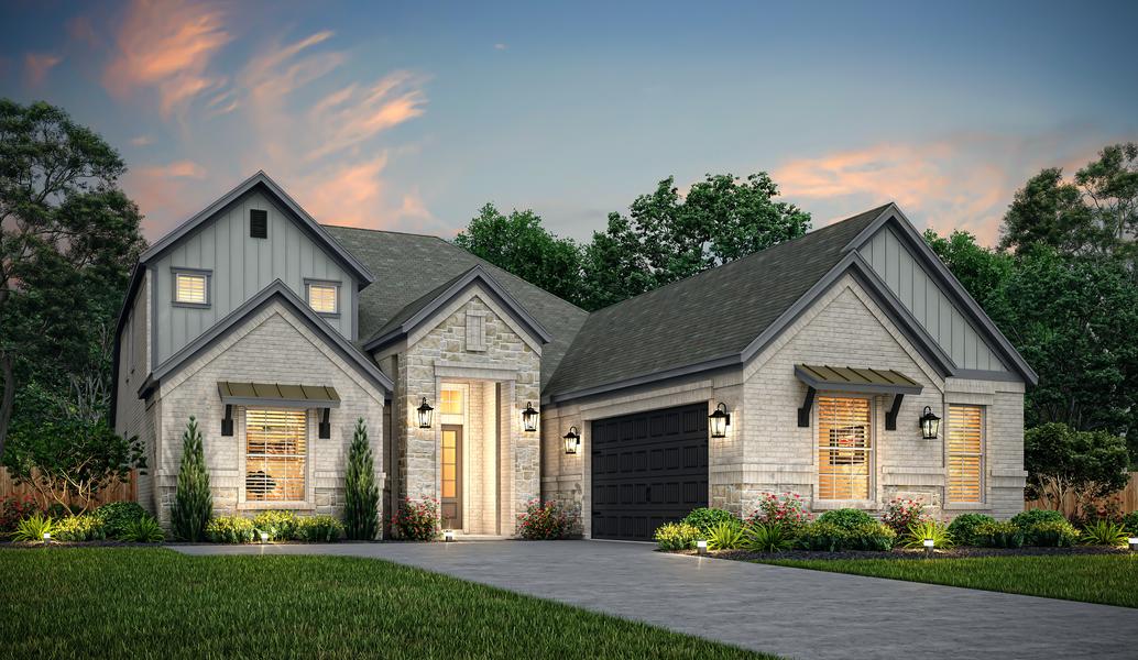 Dusk rendering of the Oakmont plan with designer coach lights and accents.