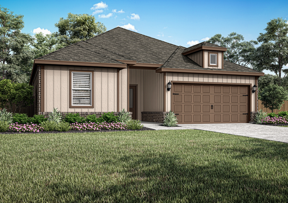 The Cassidy is a beautiful, one-story siding home with brick details.