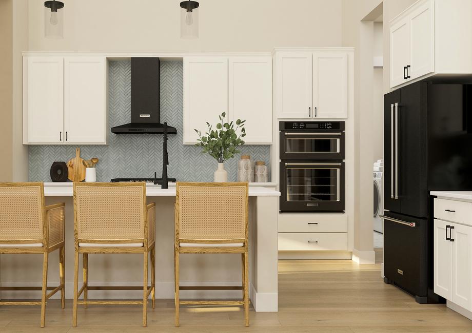 Rendering of the kitchen with three
  wooden barstools at the counter