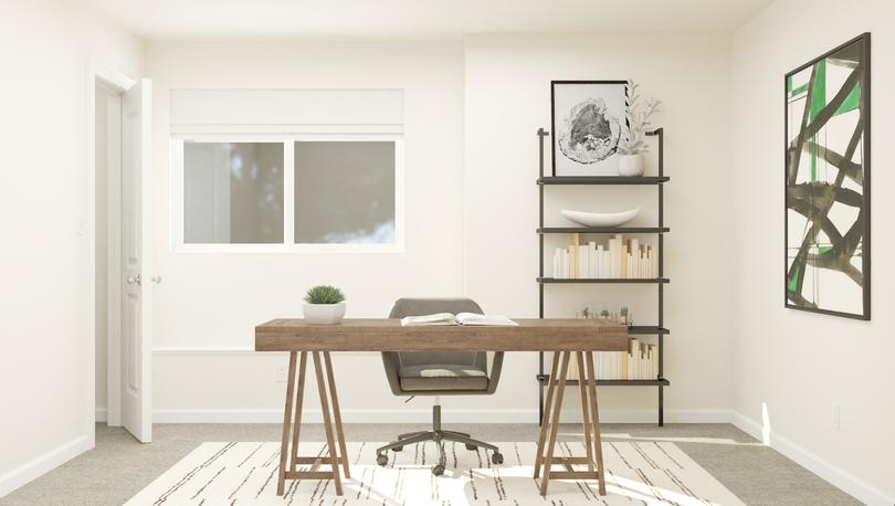 Rendering of an office with a large
  window and carpeted flooring. The room is decorated with a wooden desk,
  computer chair, black bookshelf, black-and-green accent painting and a
  light-colored rug.