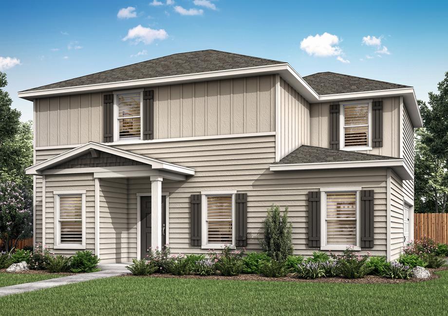 The Halpert has light tan siding and dark gray window shutters.