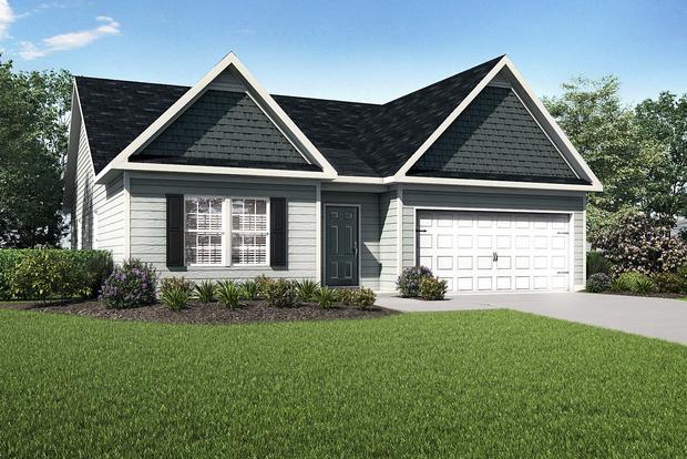 Allatoona house design front view with green grass, white garage door for two cars, and dark on light siding