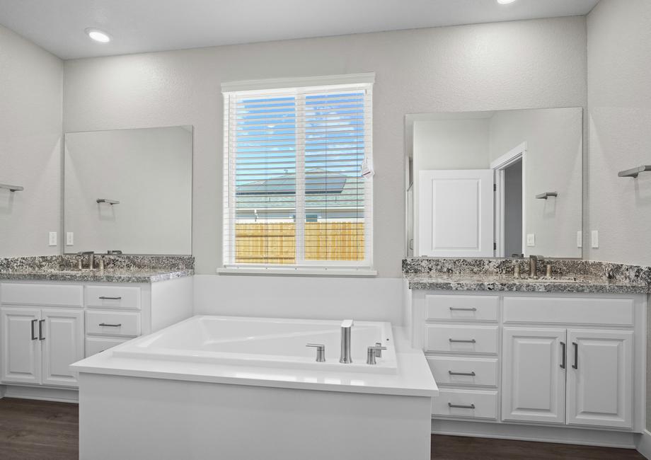 Master bathroom soaking tub and separate vanities