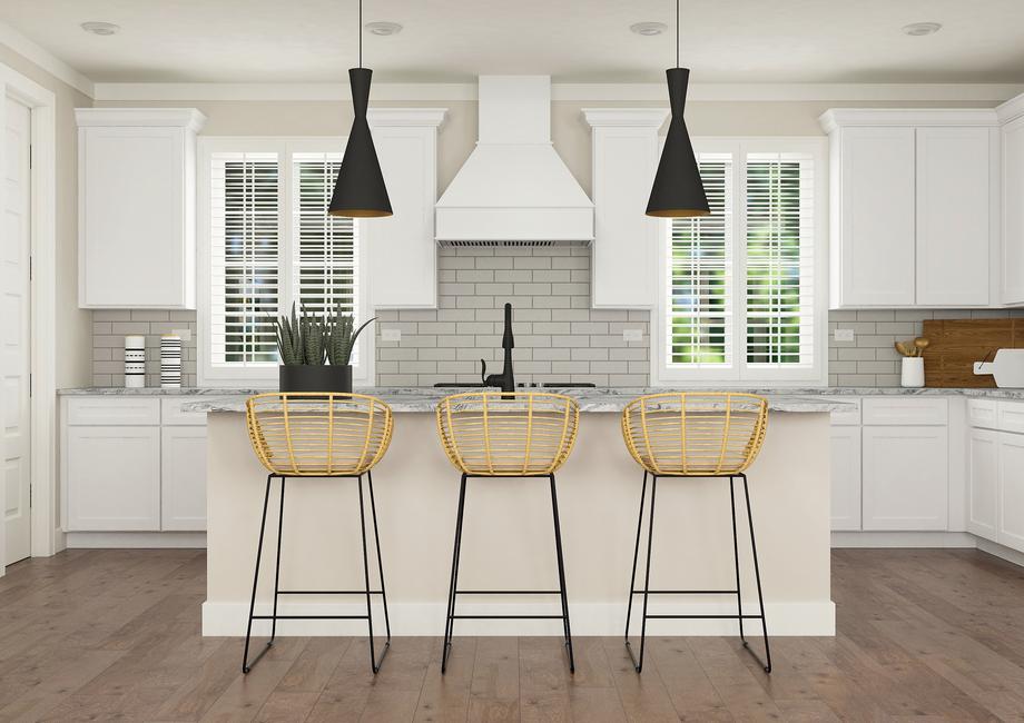 Rendering of kitchen with white cabinetry
  and stainless steel appliances. This room also has three stools at the
  counterÂ 