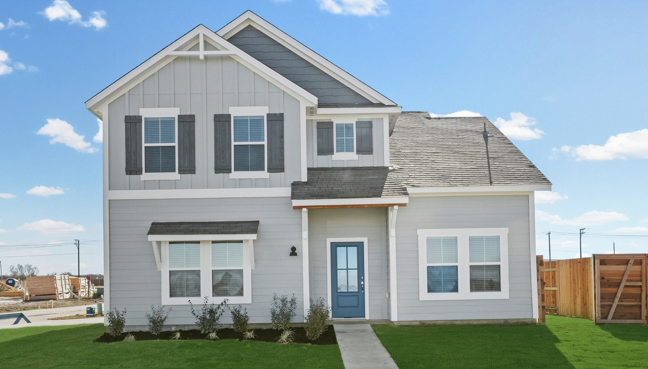 Exterior of the Willie plan with a blue door. 