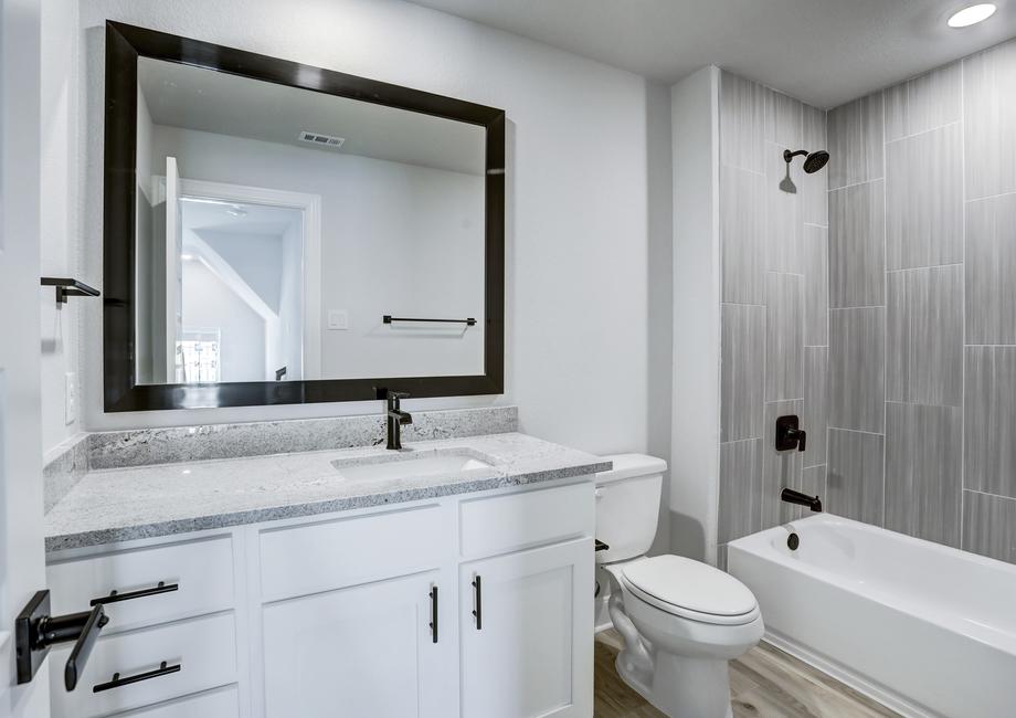Guest bathroom with extra storage space and a dual shower and tub.