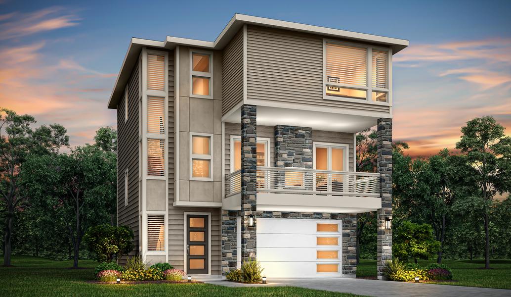 Three-story elevation rendering of the Braeburn with stone accents.