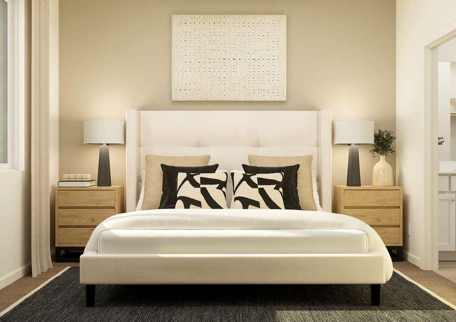 Rendering of a
  master bedroom furnished with a large white bed in between two bedside
  tables.