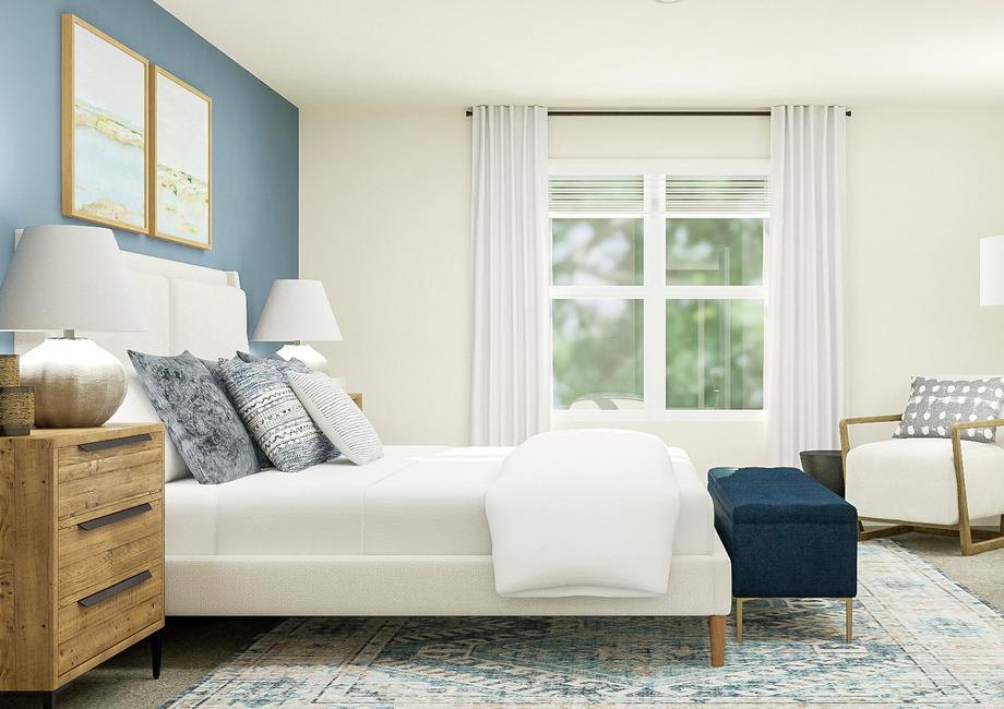 Rendering of the spacious master bedroom
  with a large window and carpeted flooring. The space is furnished with a
  large bed, two nighstands, a dresser, large round mirror and an armchair.